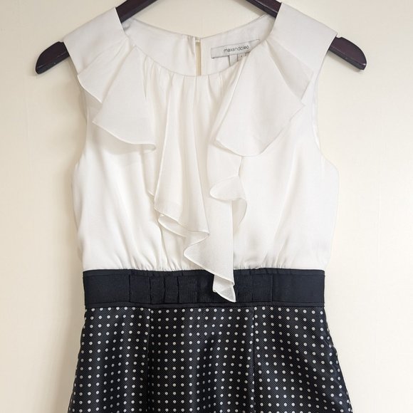 Max and Cleo Sleeveless Dress Sheath Polka Dot Ruffle Empire Waist Black Sz 4 - Picture 2 of 12
